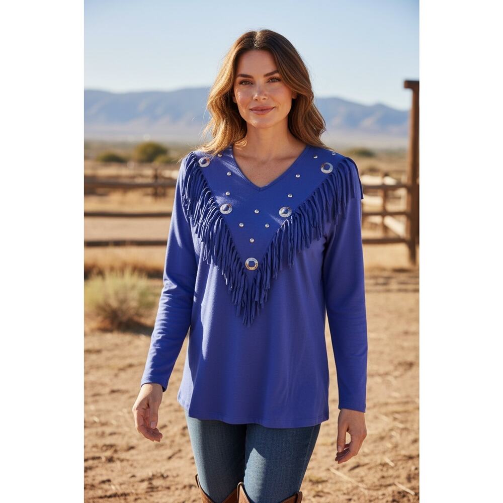 Vintage Western Fringe Concho Top Womens L Blue Southwest Cowgirl USA